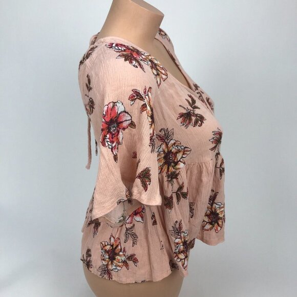 Seek The Label Floral Print Button Up Short Sleeve Crop Top Peplum Ruffle SZ S - Picture 4 of 6